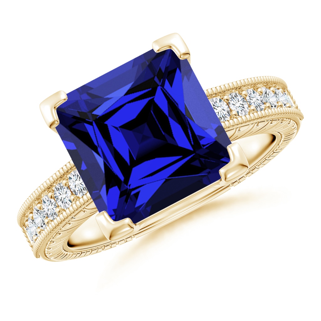 10mm Labgrown Lab-Grown Square Cut Blue Sapphire Solitaire Ring with Milgrain Detailing in Yellow Gold