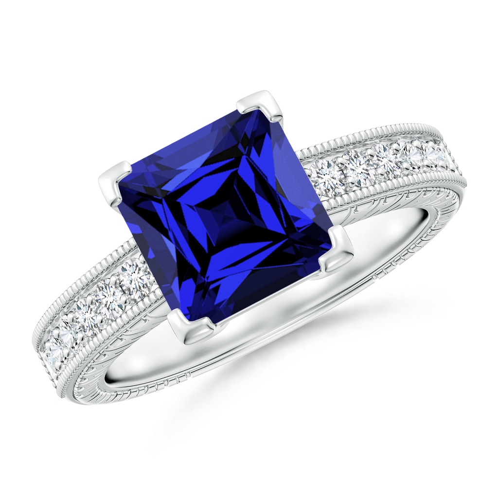 8mm Labgrown Lab-Grown Square Cut Blue Sapphire Solitaire Ring with Milgrain Detailing in White Gold