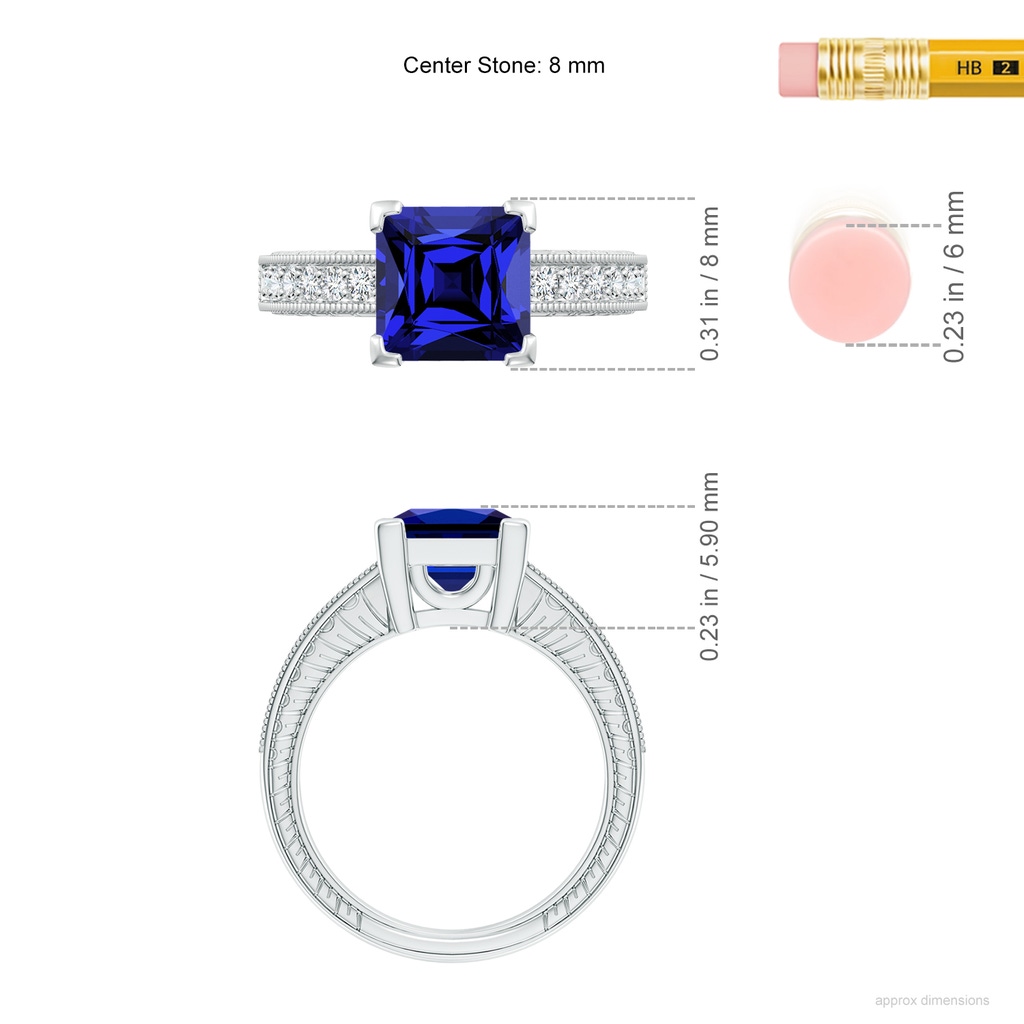 8mm Labgrown Lab-Grown Square Cut Blue Sapphire Solitaire Ring with Milgrain Detailing in White Gold ruler