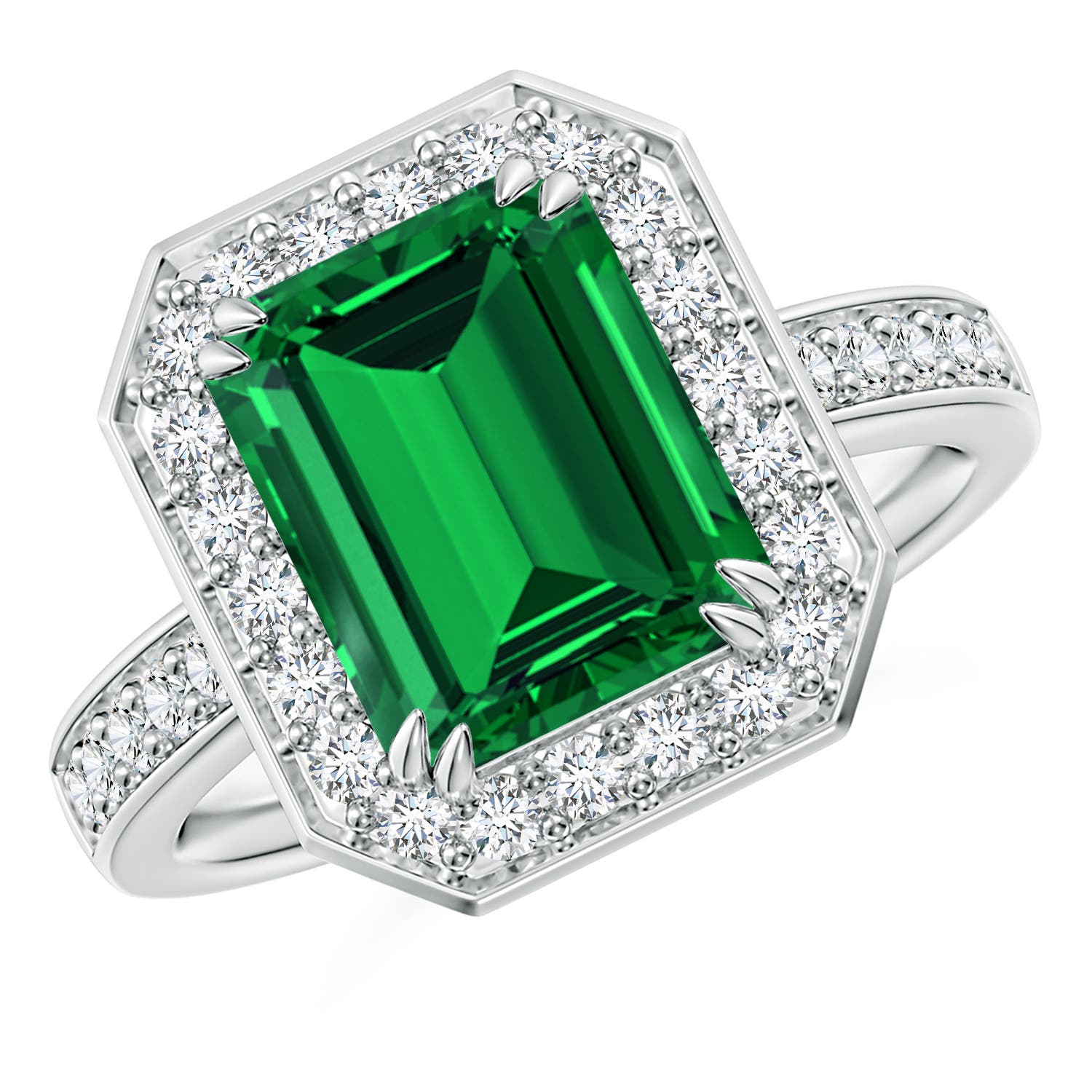 10x8mm Labgrown Lab-Grown Emerald-Cut Emerald Engagement Ring with Lab Diamond Halo in 18K White Gold