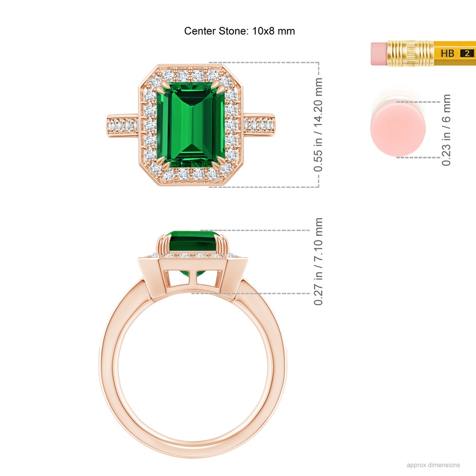 10x8mm Labgrown Lab-Grown Emerald-Cut Emerald Engagement Ring with Lab Diamond Halo in Rose Gold ruler