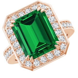 12x10mm Labgrown Lab-Grown Emerald-Cut Emerald Engagement Ring with Lab Diamond Halo in 18K Rose Gold