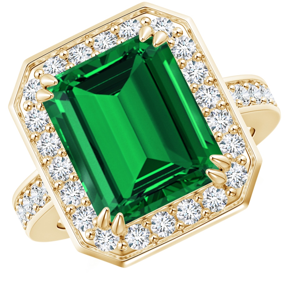 12x10mm Labgrown Lab-Grown Emerald-Cut Emerald Engagement Ring with Lab Diamond Halo in 18K Yellow Gold 