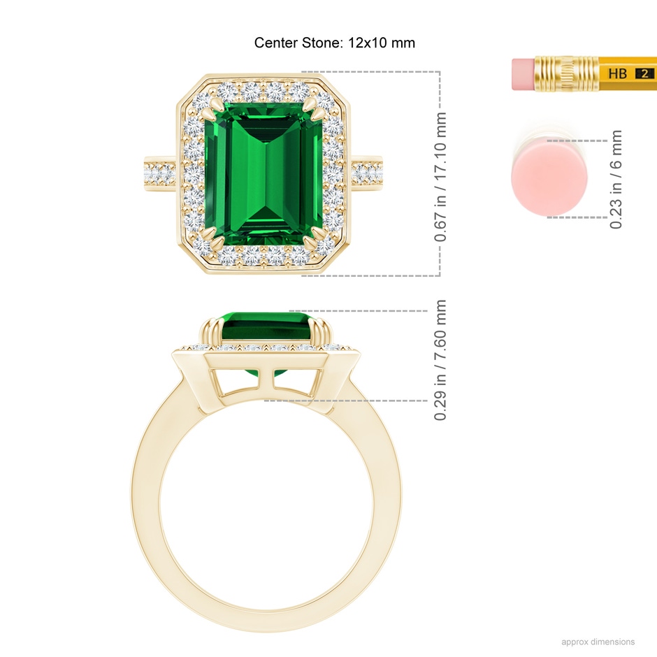 12x10mm Labgrown Lab-Grown Emerald-Cut Emerald Engagement Ring with Lab Diamond Halo in 18K Yellow Gold ruler