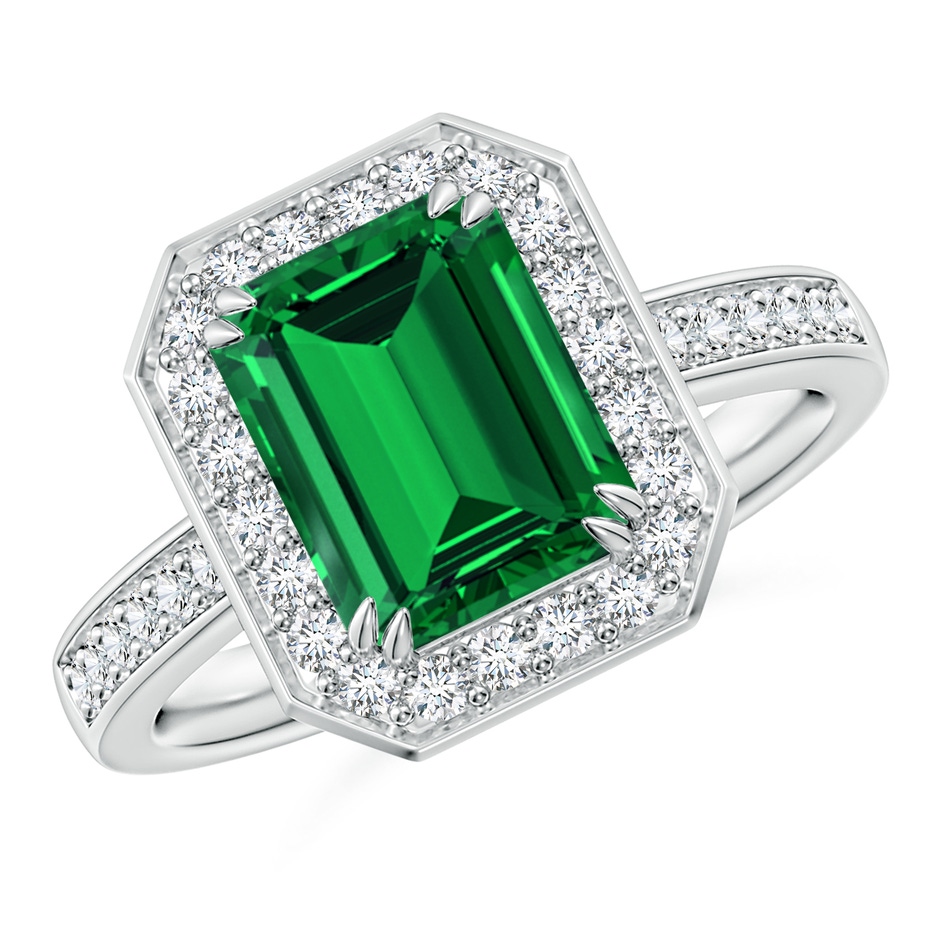 9x7mm Labgrown Lab-Grown Emerald-Cut Emerald Engagement Ring with Lab Diamond Halo in White Gold 