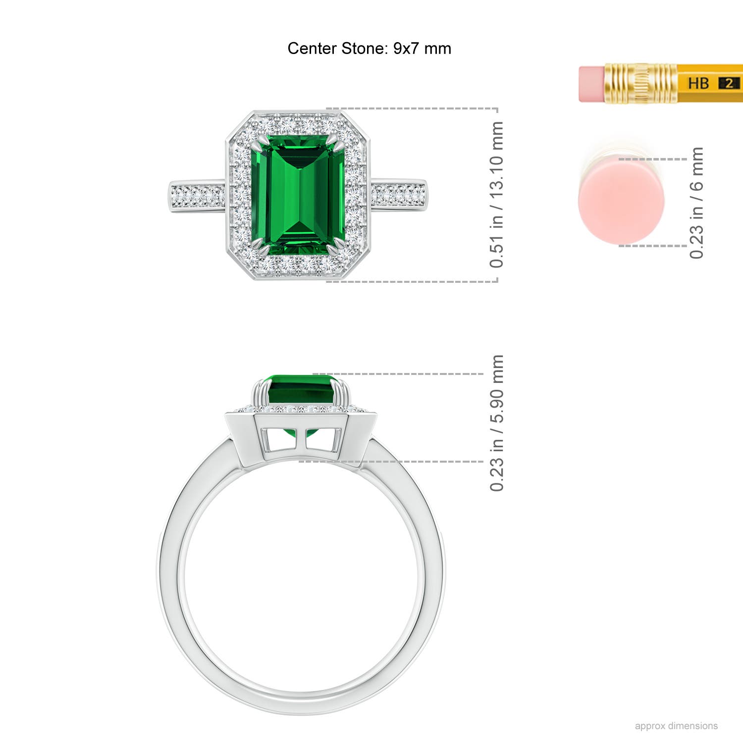 9x7mm Labgrown Lab-Grown Emerald-Cut Emerald Engagement Ring with Lab Diamond Halo in White Gold - ruler