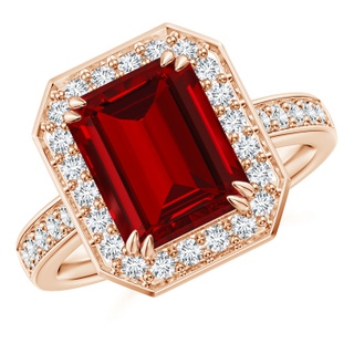 10x8mm Labgrown Lab-Grown Emerald-Cut Ruby Engagement Ring with Lab Diamond Halo in 18K Rose Gold