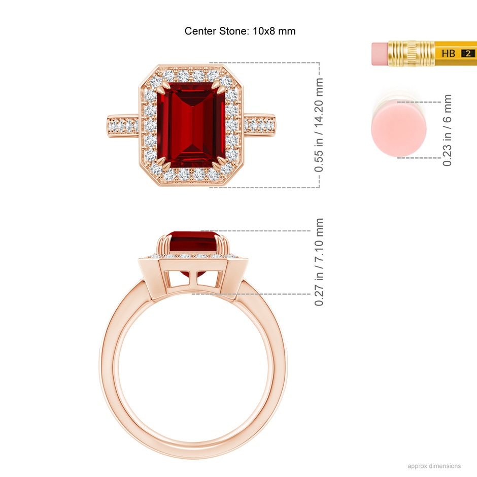 10x8mm Labgrown Lab-Grown Emerald-Cut Ruby Engagement Ring with Lab Diamond Halo in Rose Gold ruler
