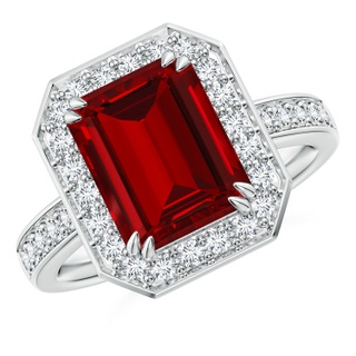 10x8mm Labgrown Lab-Grown Emerald-Cut Ruby Engagement Ring with Lab Diamond Halo in White Gold