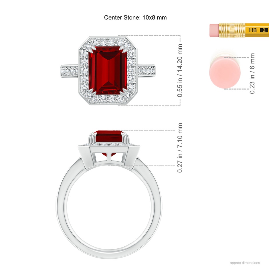 10x8mm Labgrown Lab-Grown Emerald-Cut Ruby Engagement Ring with Lab Diamond Halo in White Gold ruler