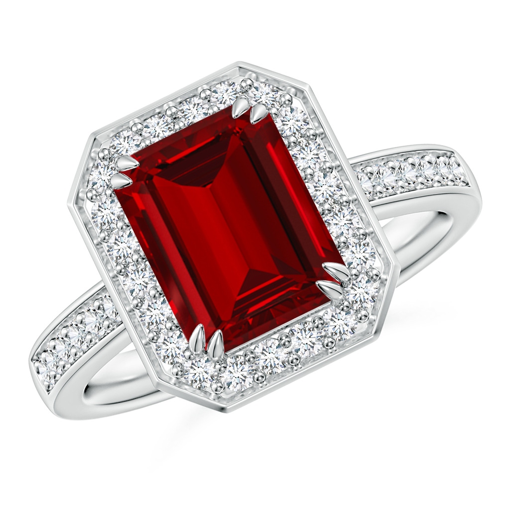 9x7mm Labgrown Lab-Grown Emerald-Cut Ruby Engagement Ring with Lab Diamond Halo in White Gold