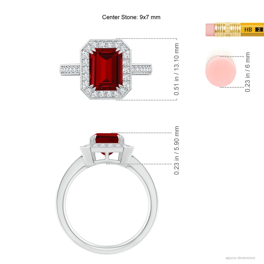 9x7mm Labgrown Lab-Grown Emerald-Cut Ruby Engagement Ring with Lab Diamond Halo in White Gold ruler