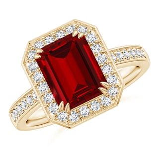 9x7mm Labgrown Lab-Grown Emerald-Cut Ruby Engagement Ring with Lab Diamond Halo in Yellow Gold