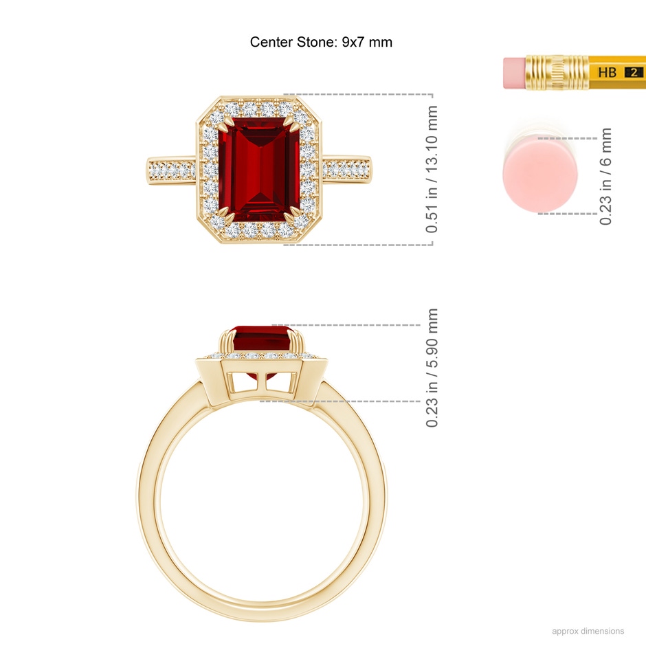 9x7mm Labgrown Lab-Grown Emerald-Cut Ruby Engagement Ring with Lab Diamond Halo in Yellow Gold ruler