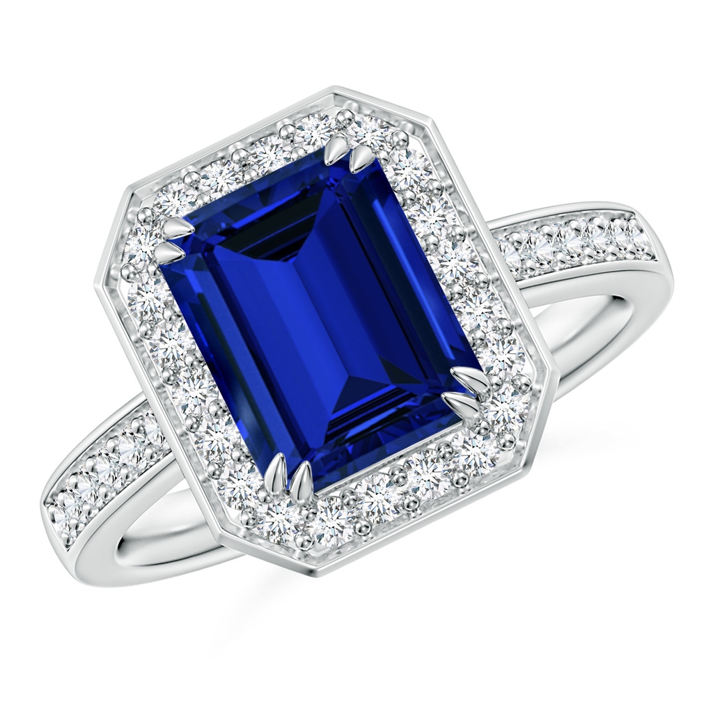 9x7mm Labgrown Lab-Grown Emerald-Cut Blue Sapphire Engagement Ring with Lab Diamond Halo in White Gold