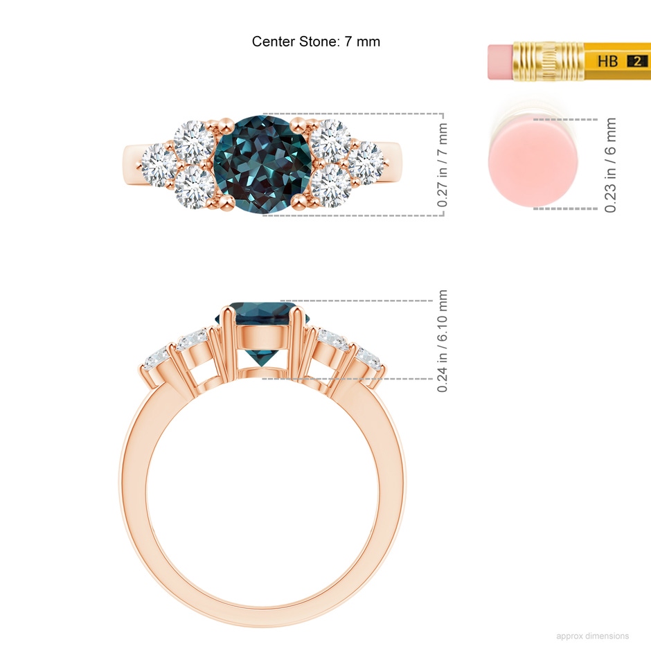 7mm Labgrown Round Lab-Grown Alexandrite Solitaire Ring With Trio Diamonds in Rose Gold ruler