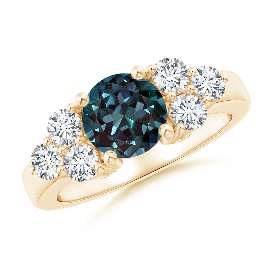 7mm Labgrown Round Lab-Grown Alexandrite Solitaire Ring With Trio Diamonds in Yellow Gold 