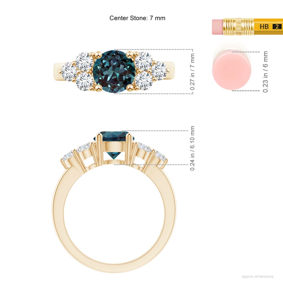 7mm Labgrown Round Lab-Grown Alexandrite Solitaire Ring With Trio Diamonds in Yellow Gold ruler