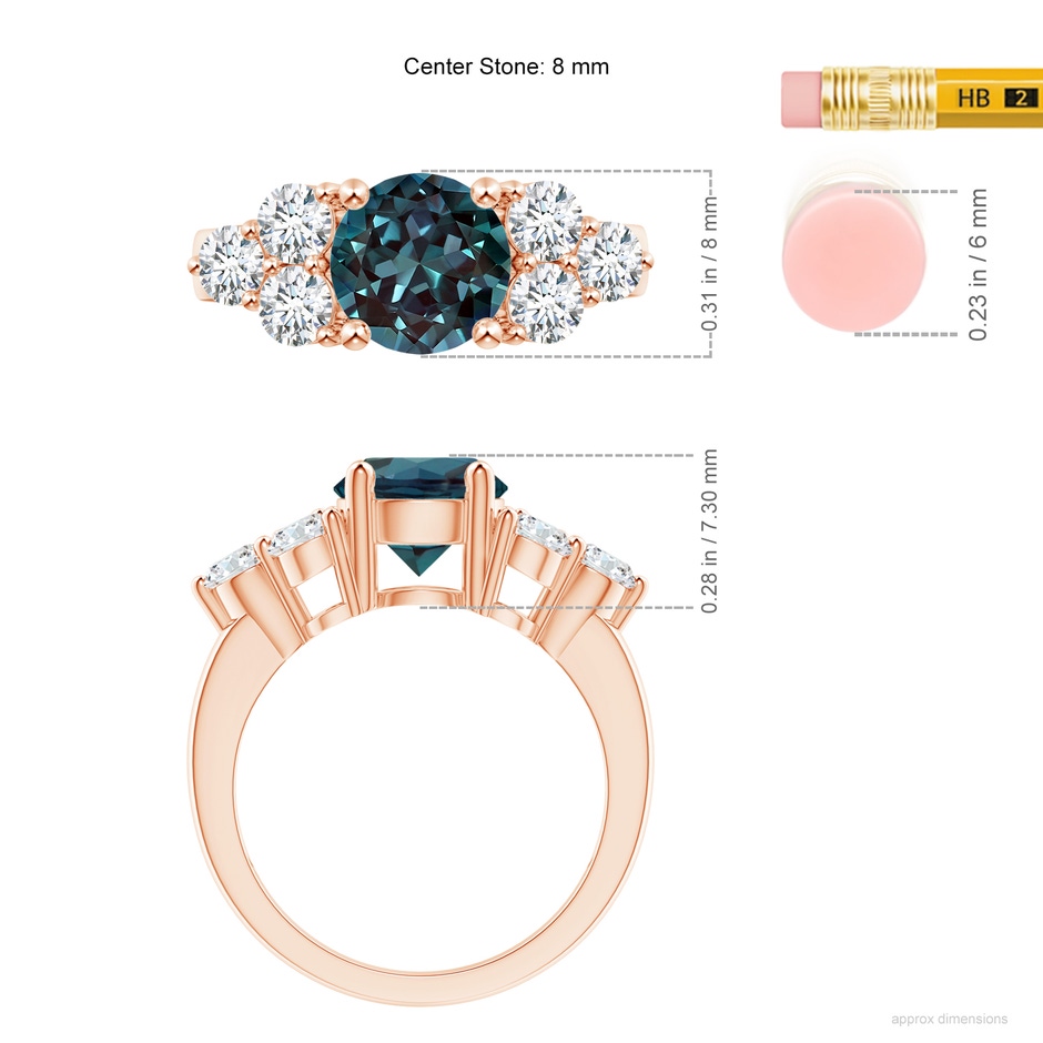 8mm Labgrown Round Lab-Grown Alexandrite Solitaire Ring With Trio Diamonds in Rose Gold ruler