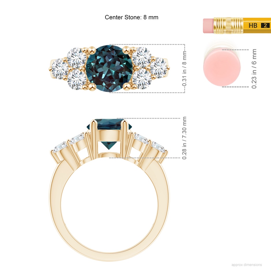 8mm Labgrown Round Lab-Grown Alexandrite Solitaire Ring With Trio Diamonds in Yellow Gold ruler