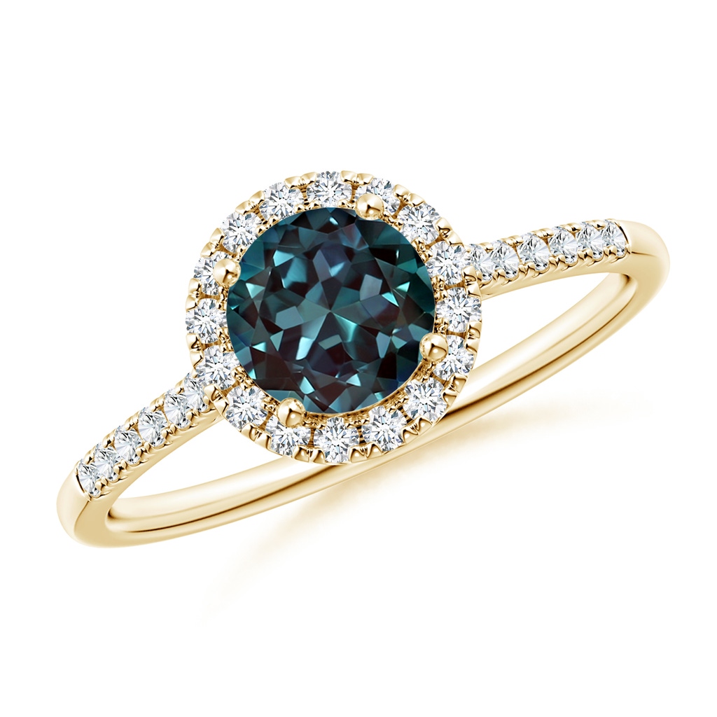 6mm Labgrown Round Lab-Grown Alexandrite Halo Ring with Diamond Accents in Yellow Gold