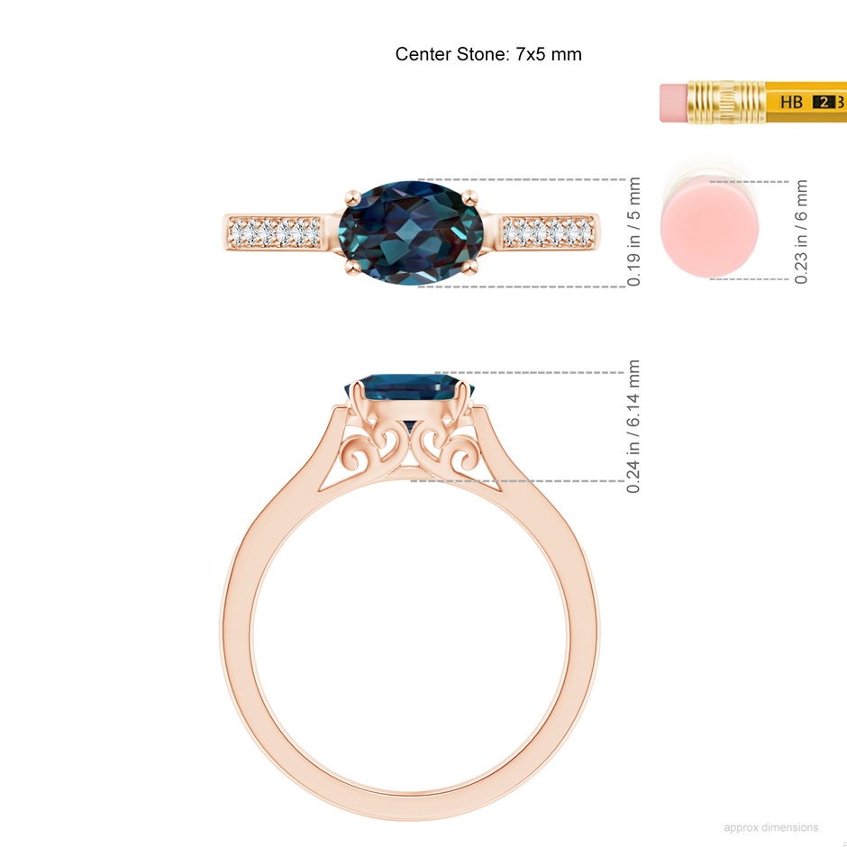 7x5mm Labgrown East-West Oval Lab-Grown Alexandrite Solitaire Ring with Diamonds in 18K Rose Gold ruler