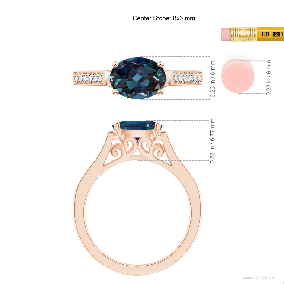 8x6mm Labgrown East-West Oval Lab-Grown Alexandrite Solitaire Ring with Diamonds in 18K Rose Gold ruler