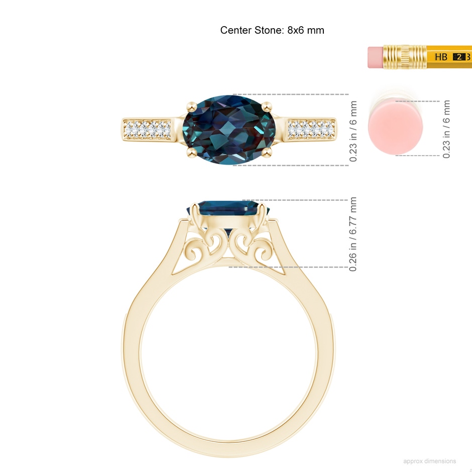 8x6mm Labgrown East-West Oval Lab-Grown Alexandrite Solitaire Ring with Diamonds in Yellow Gold ruler