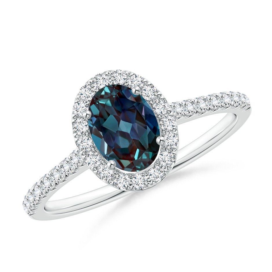 7x5mm Labgrown Oval Lab-Grown Alexandrite Halo Ring with Diamond Accents in White Gold 