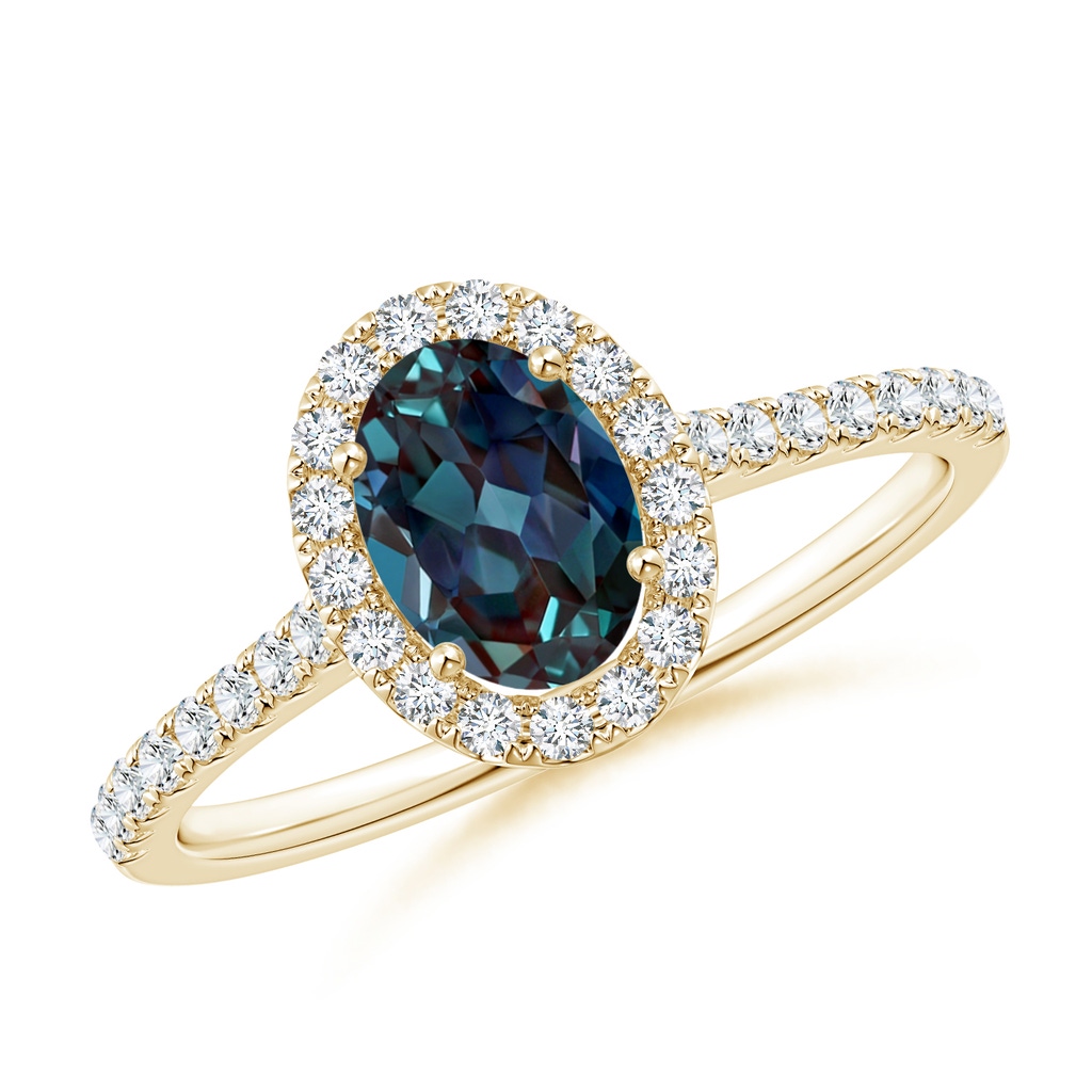 7x5mm Labgrown Oval Lab-Grown Alexandrite Halo Ring with Diamond Accents in Yellow Gold