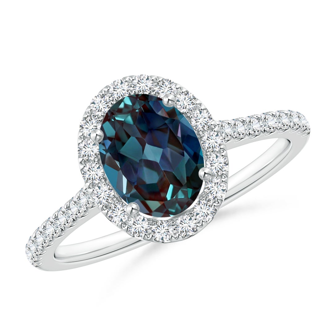 Prong-Set Oval Lab-Grown Alexandrite Halo Ring with Diamond Accents