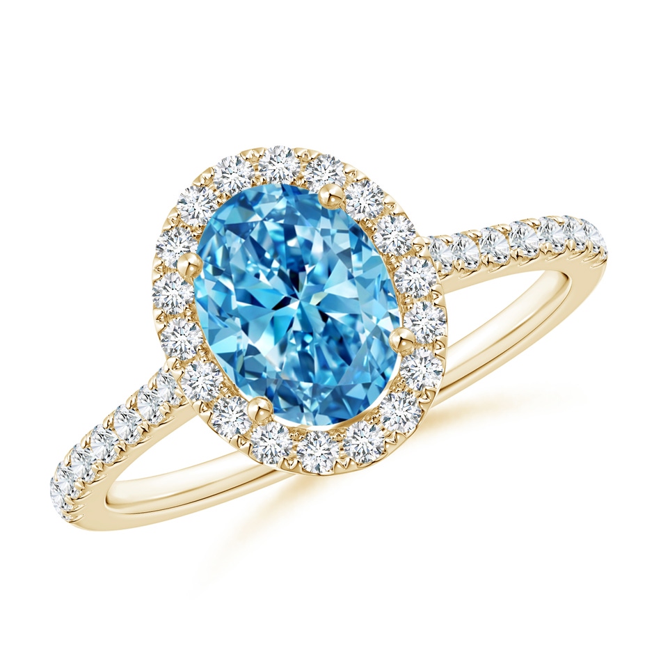 8x6mm Labgrown Oval Lab-Grown Fancy Intense Blue Diamond Halo Ring in Yellow Gold 