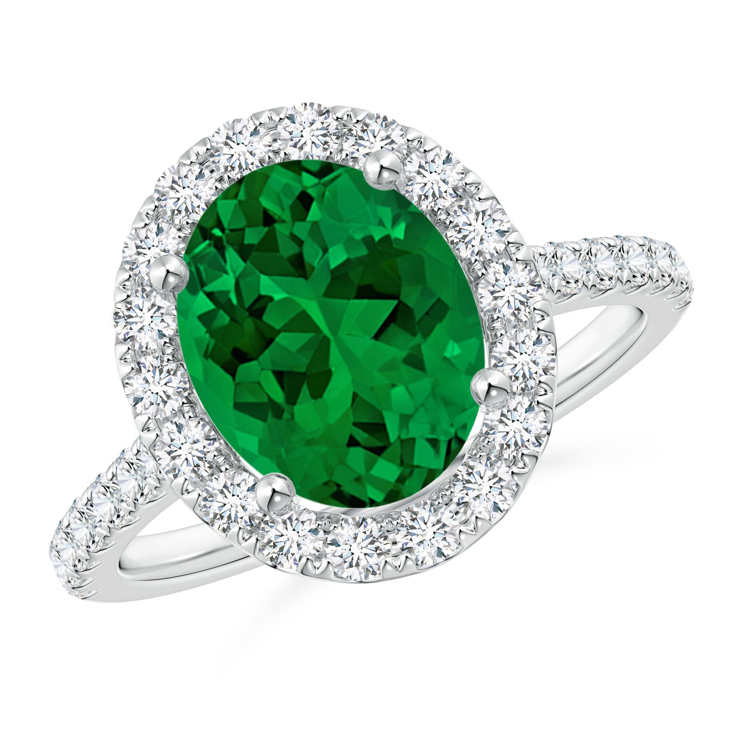 10x8mm Labgrown Lab-Grown Oval Emerald Halo Ring with Diamond Accents in 18K White Gold