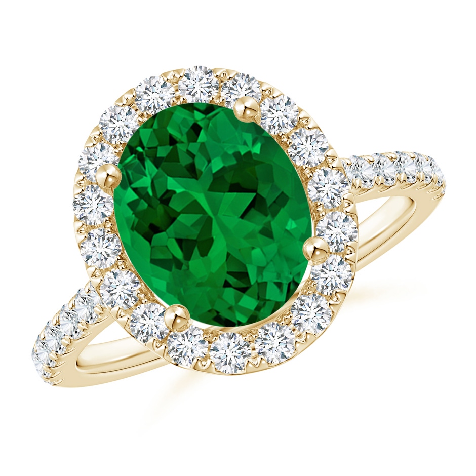 10x8mm Labgrown Lab-Grown Oval Emerald Halo Ring with Diamond Accents in 18K Yellow Gold 