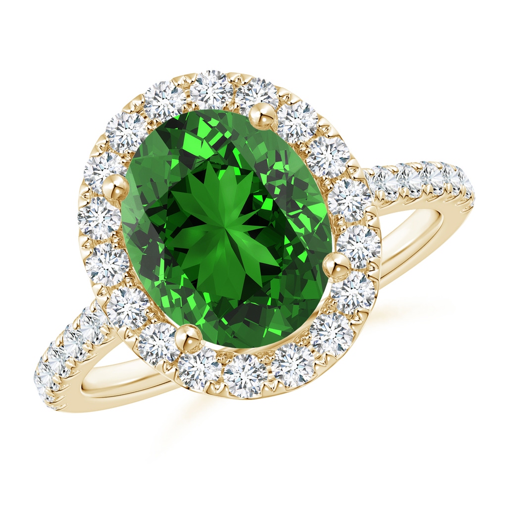 10x8mm Labgrown Lab-Grown Oval Emerald Halo Ring with Diamond Accents in Yellow Gold