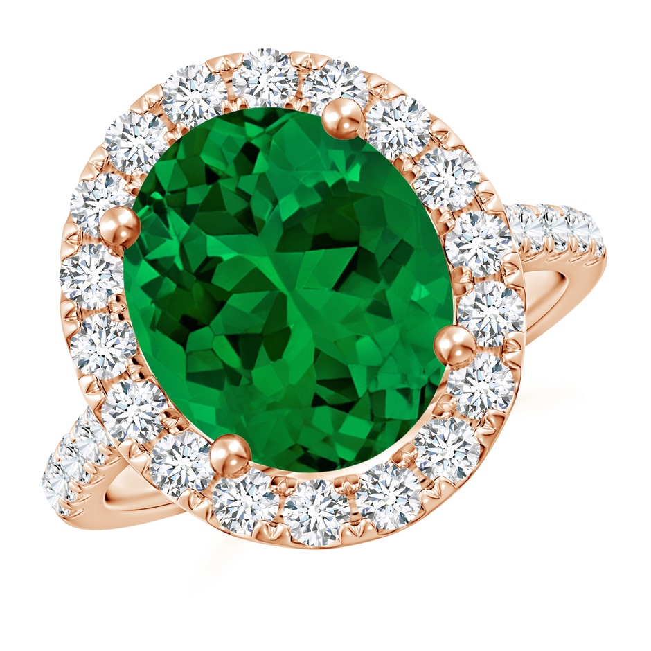 12x10mm Labgrown Lab-Grown Oval Emerald Halo Ring with Diamond Accents in Rose Gold 