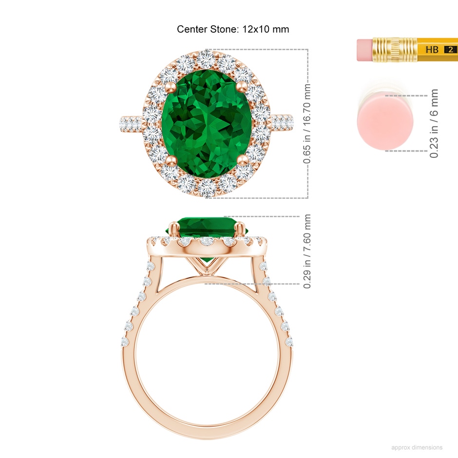 12x10mm Labgrown Lab-Grown Oval Emerald Halo Ring with Diamond Accents in Rose Gold ruler