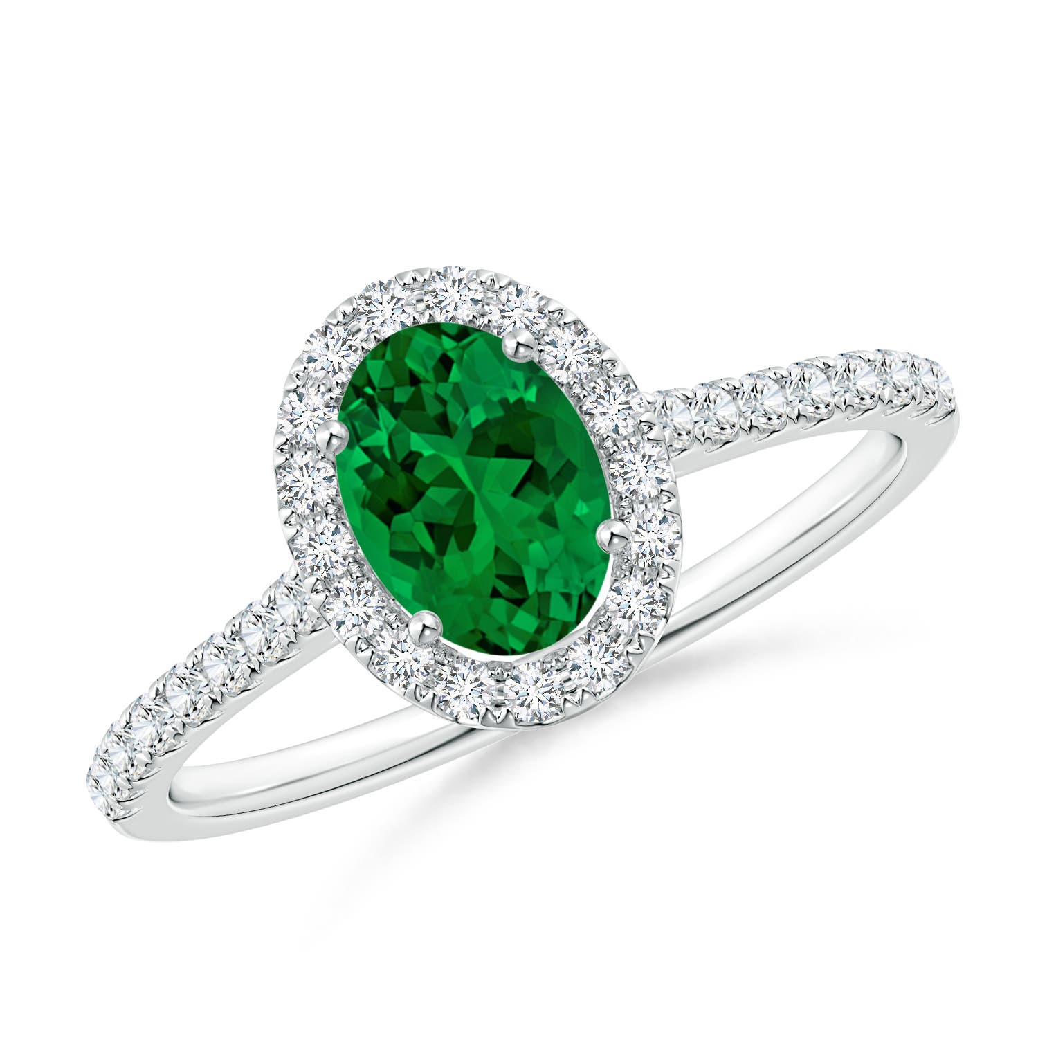 7x5mm Labgrown Lab-Grown Oval Emerald Halo Ring with Diamond Accents in 18CT White Gold