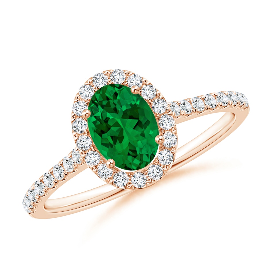 7x5mm Labgrown Lab-Grown Oval Emerald Halo Ring with Diamond Accents in Rose Gold 