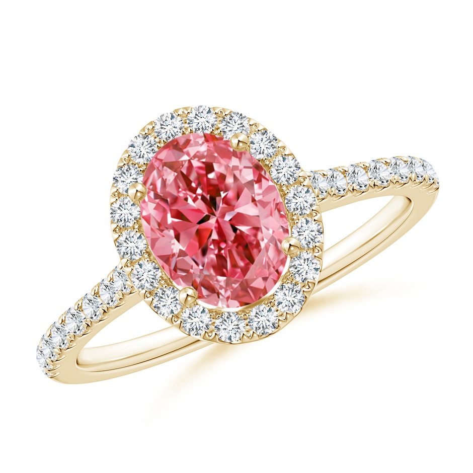 8x6mm Labgrown Oval Lab-Grown Fancy Intense Pink Diamond Halo Ring in Yellow Gold 