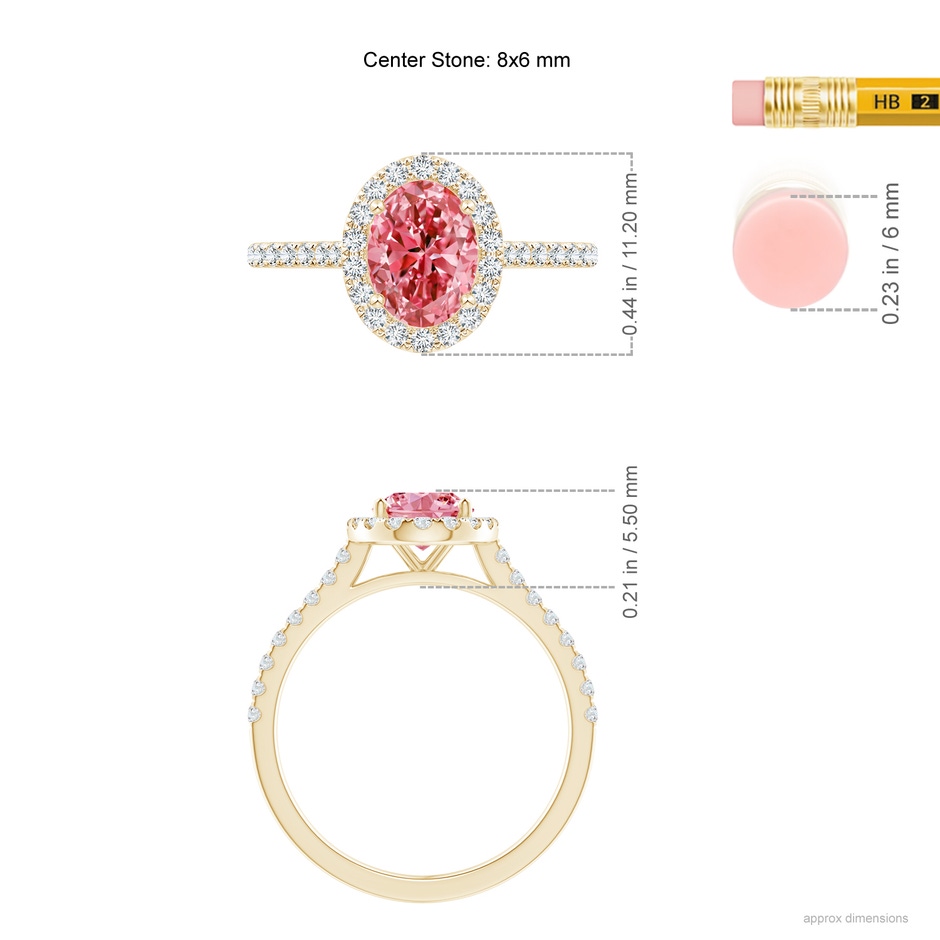 8x6mm Labgrown Oval Lab-Grown Fancy Intense Pink Diamond Halo Ring in Yellow Gold ruler