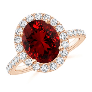 10x8mm Labgrown Lab-Grown Oval Ruby Halo Ring with Diamond Accents in 10K Rose Gold