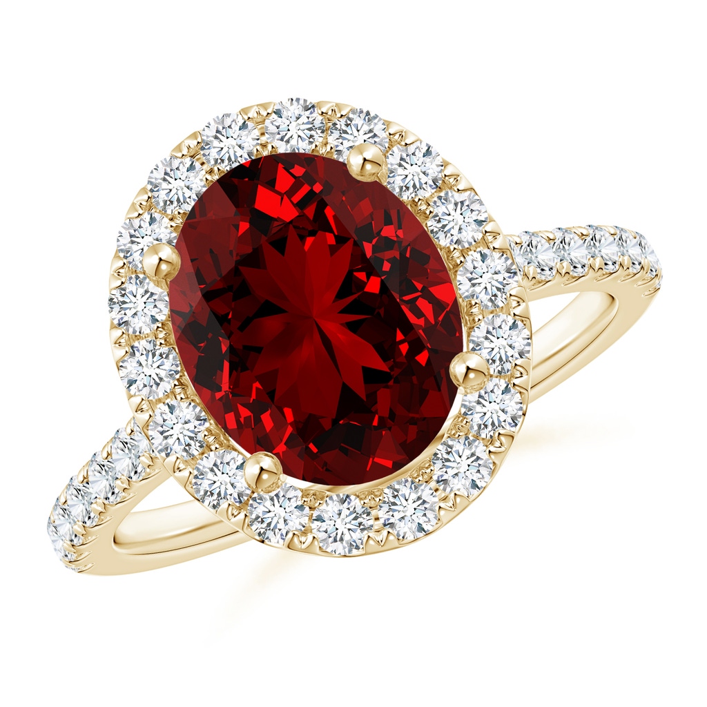 10x8mm Labgrown Lab-Grown Oval Ruby Halo Ring with Diamond Accents in Yellow Gold