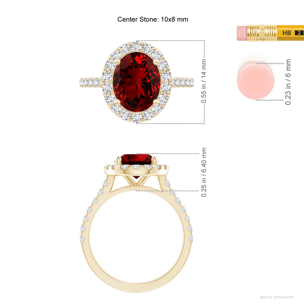 10x8mm Labgrown Lab-Grown Oval Ruby Halo Ring with Diamond Accents in Yellow Gold ruler