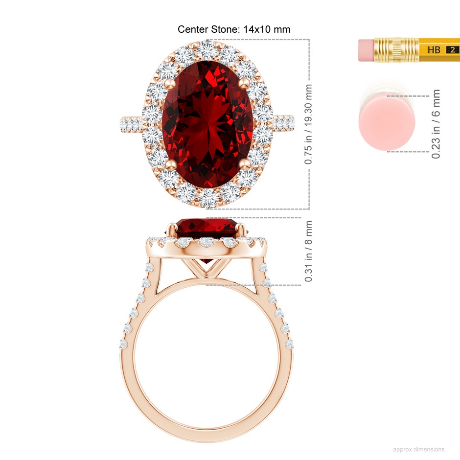 14x10mm Labgrown Lab-Grown Oval Ruby Halo Ring with Diamond Accents in Rose Gold ruler