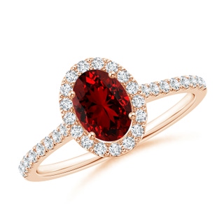 7x5mm Labgrown Lab-Grown Oval Ruby Halo Ring with Diamond Accents in 10K Rose Gold