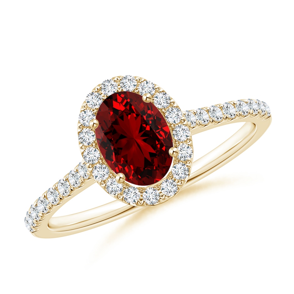7x5mm Labgrown Lab-Grown Oval Ruby Halo Ring with Diamond Accents in Yellow Gold 