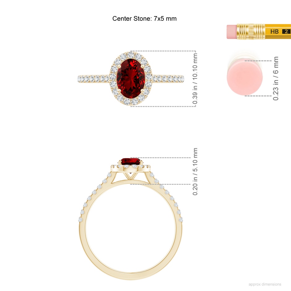 7x5mm Labgrown Lab-Grown Oval Ruby Halo Ring with Diamond Accents in Yellow Gold ruler