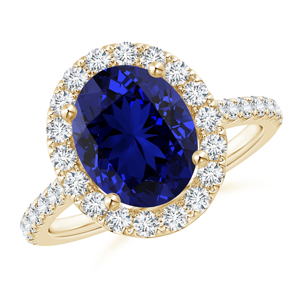 10x8mm Labgrown Lab-Grown Oval Sapphire Halo Ring with Diamond Accents in Yellow Gold