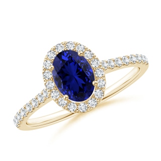 7x5mm Labgrown Lab-Grown Oval Sapphire Halo Ring with Diamond Accents in Yellow Gold